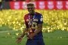 Barcelona's Lamine Yamal celebrates after winning the Spanish Copa del Rey final soccer match between Barcelona and Real Madrid at Estadio de La Cartuja stadium in Seville, Spain, Sunday, April 27, 2025. (AP Photo/Joan Monfort)
