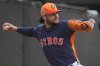 FILE - Houston Astros pitcher Lance McCullers Jr. throws a bullpen session during a spring training baseball practice Sunday, Feb. 16, 2025, in West Palm Beach, Fla. (AP Photo/Jeff Roberson, File)