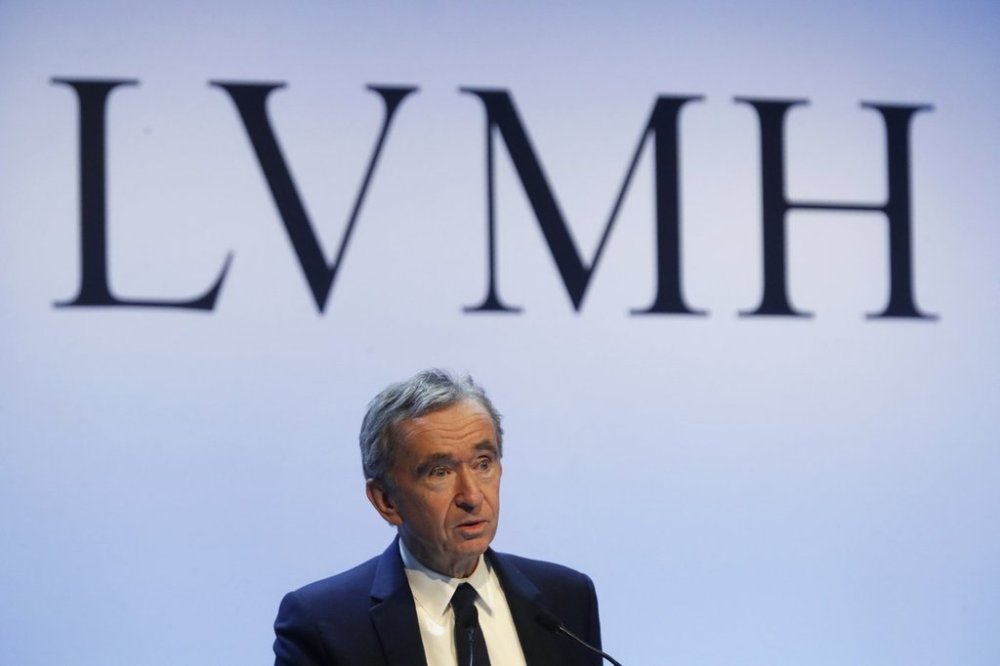 FILE - CEO of LVMH Bernard Arnault presents the group's 2019 results during a press conference, in Paris, Tuesday, Jan. 28, 2020. (AP Photo/Thibault Camus, File)