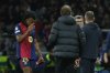 Barcelona's Jules Kounde walks off the pitch as he is being substituted due to injury during the Champions League semifinal first leg soccer match between Barcelona and Inter Milan at the Lluis Companys Olympic Stadium in Barcelona, Spain, Wednesday, April 30, 2025. (AP Photo/Joan Monfort)