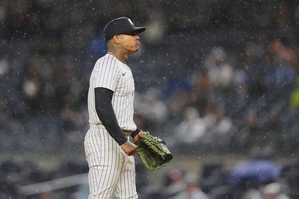 New York Yankees pitcher Marcus Stroman reacts after San Francisco Giants' Tyler Fitzgerald hit a single during the first inning of a baseball game Friday, April 11, 2025, in New York. (AP Photo/Frank Franklin II)