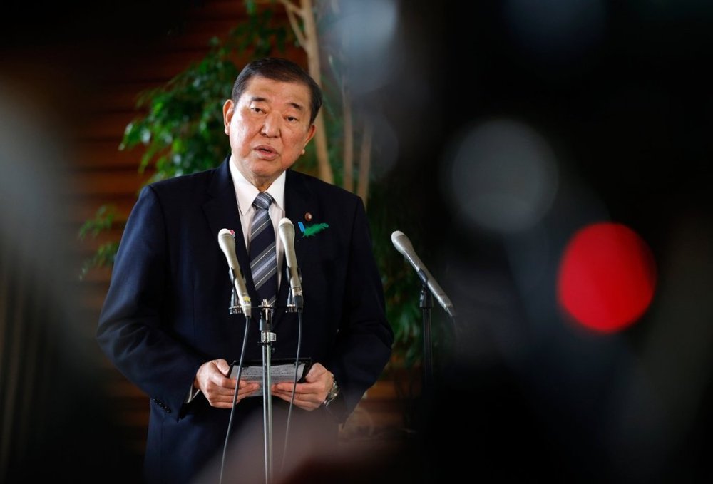 Japanese Prime Minister Shigeru Ishiba speaks to reporters reacting after a Japanese negotiator held ministerial talks at the White House regarding U.S. tariffs, at the prime minister's office in Tokyo, Japan, Thursday, April 17, 2025. (Franck Robichon/Pool Photo via AP)
