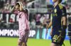 Inter Miami forward Lionel Messi (10) reacts after missing shot on the goal during the first half of a CONCACAF Champions Cup second-leg semifinal soccer match against the Vancouver Whitecaps, Wednesday, April 30, 2025, in Fort Lauderdale, Fla. (AP Photo/Lynne Sladky)