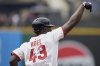 Cleveland Guardians' Jhonkensy Noel (43) gestures as he runs the bases after hitting a home run in the fourth inning of a baseball game against the Minnesota Twins in Cleveland, Thursday, May 1, 2025. (AP Photo/Sue Ogrocki)