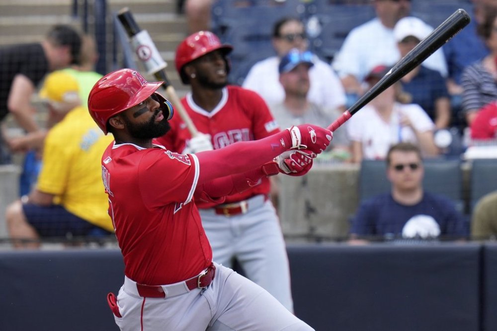 Los Angeles Angels' Jo Adell watches his solo home run off Tampa Bay Rays pitcher Zack Littell during the fifth inning of a baseball game Thursday, April 10, 2025, in Tampa, Fla. (AP Photo/Chris O'Meara)