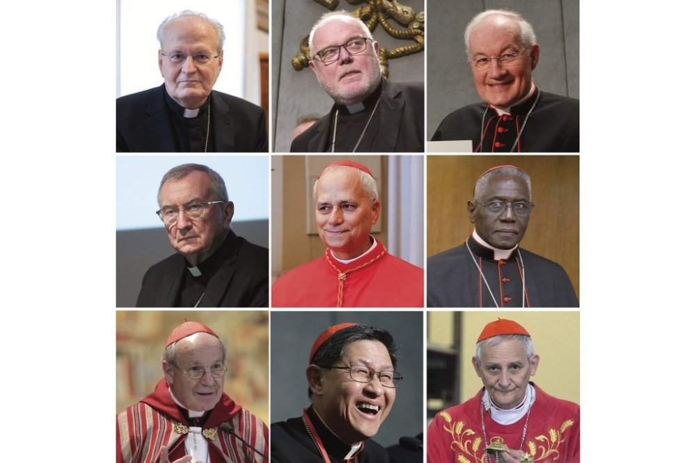 This combination of photos shows, top row from left, Cardinal Peter Erdo, Cardinal Reinhard Marx, Cardinal Marc Ouellet, middle row from left, Cardinal Pietro Parolin, Cardinal Robert Prevost, Cardinal Robert Sarah, and bottom row from left, Cardinal Christoph Schoenborn, Cardinal Luis Tagle and Cardinal Matteo Zuppi. (AP Photo)
