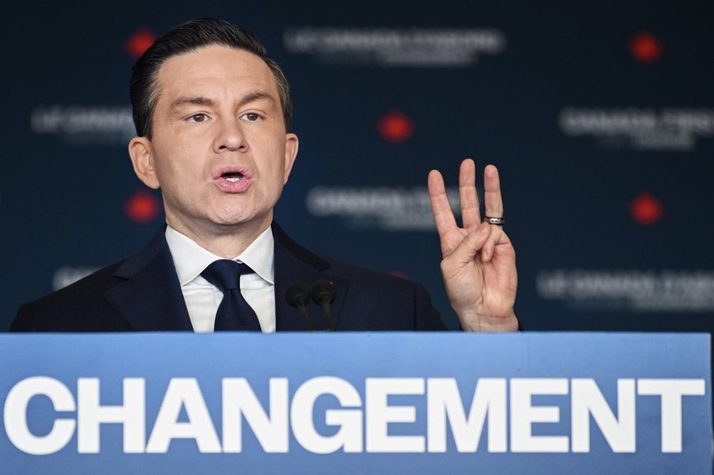 Conservative Party leader Pierre Poilievre speaks during a federal election campaign stop in Montreal, Monday, April 14, 2025. THE CANADIAN PRESS/Graham Hughes