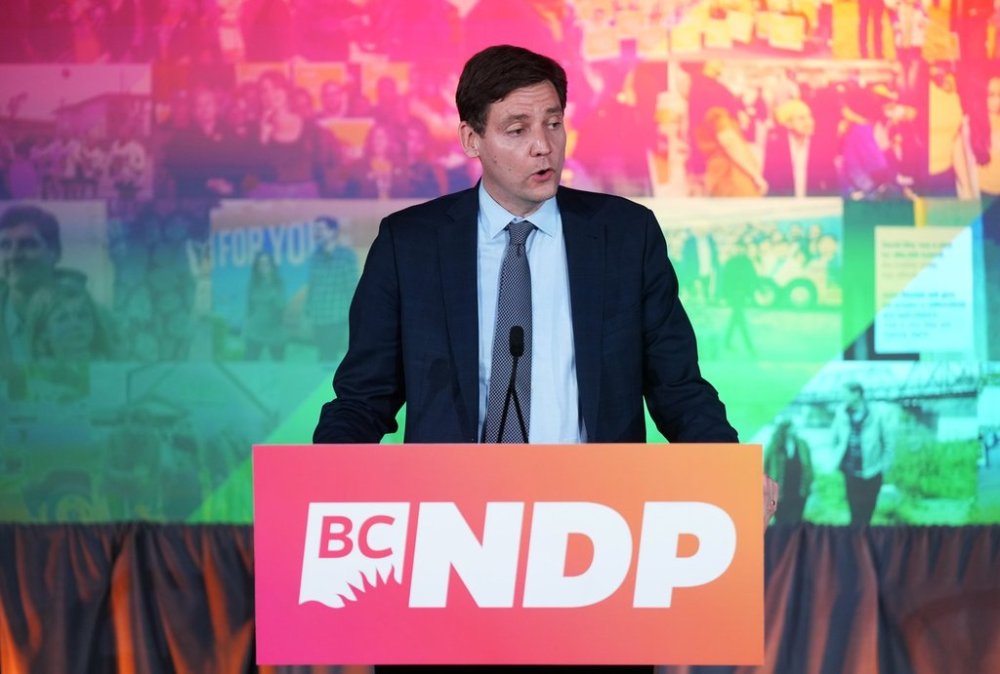 B.C. NDP Leader David Eby addresses supporters in Vancouver on Saturday, October 19, 2024. THE CANADIAN PRESS/Darryl Dyck