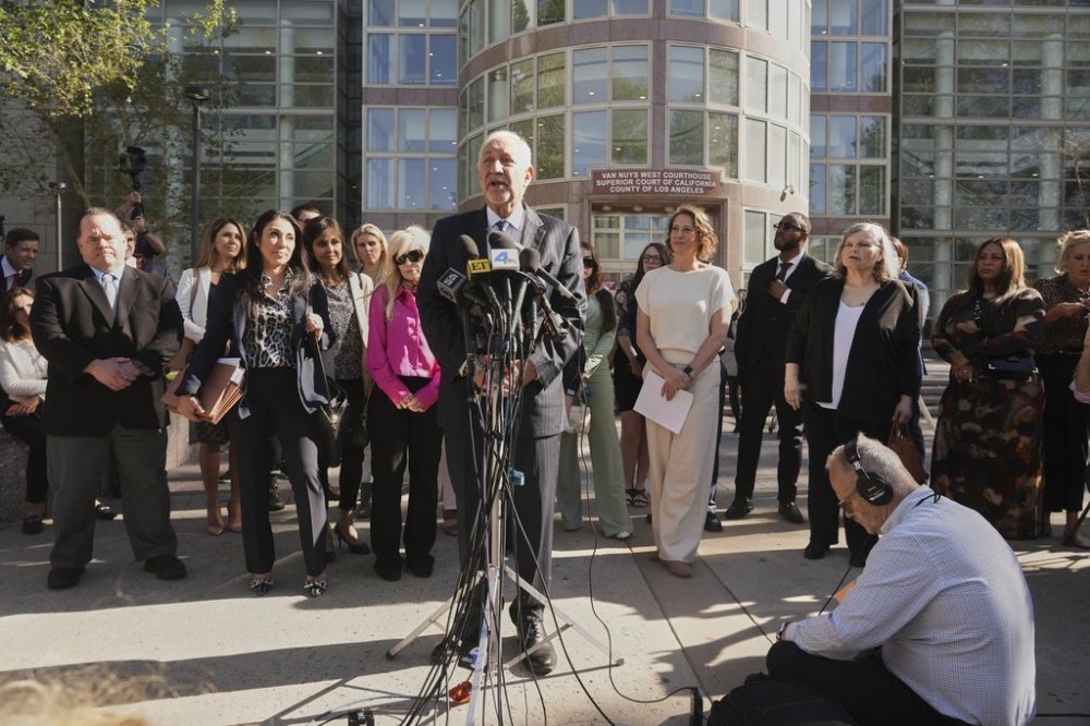 Attorney Mark Geragos speaks after a hearing regarding the case of Erik and Lyle Menendez Friday, April 11, 2025, in Los Angeles. (AP Photo/Damian Dovarganes)