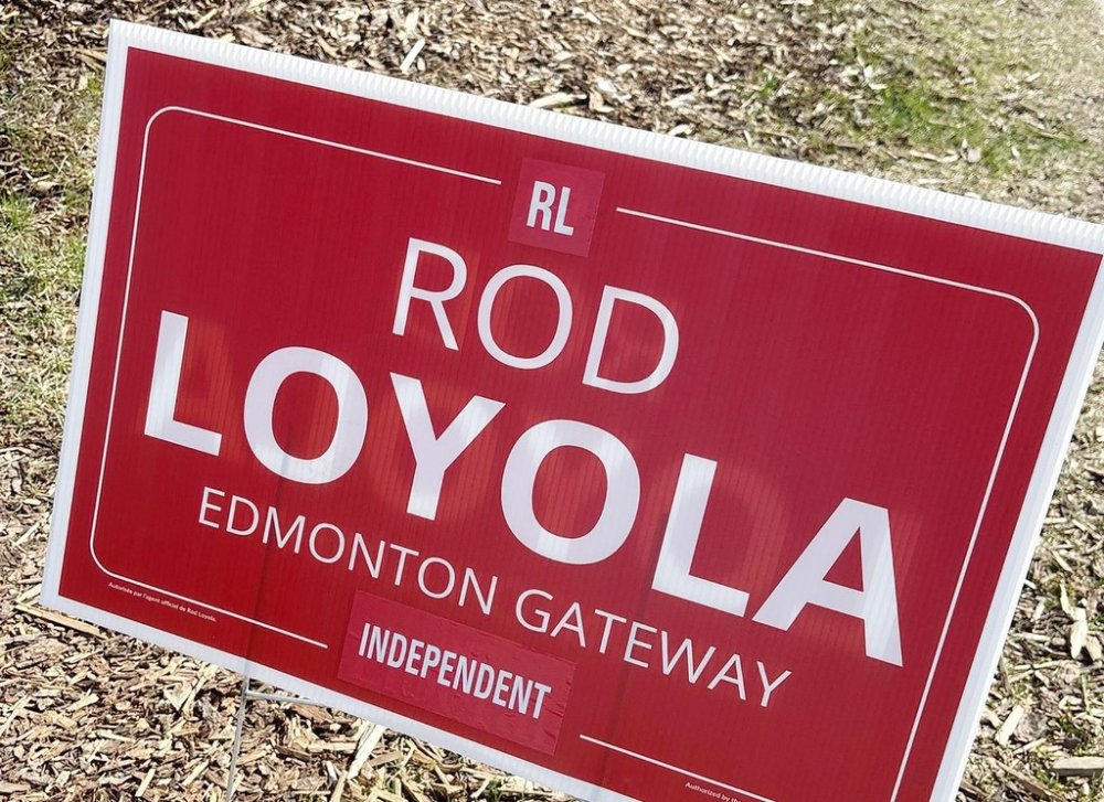 A Rod Loyola campaign sign seen in Edmonton, in this undated photo. The Liberal Party of Canada and an Independent candidate running in Edmonton are at odds over what kind of federal election lawn signs the former Liberal can use. THE CANADIAN PRESS/HO Rod Loyola **MANDATORY CREDIT**