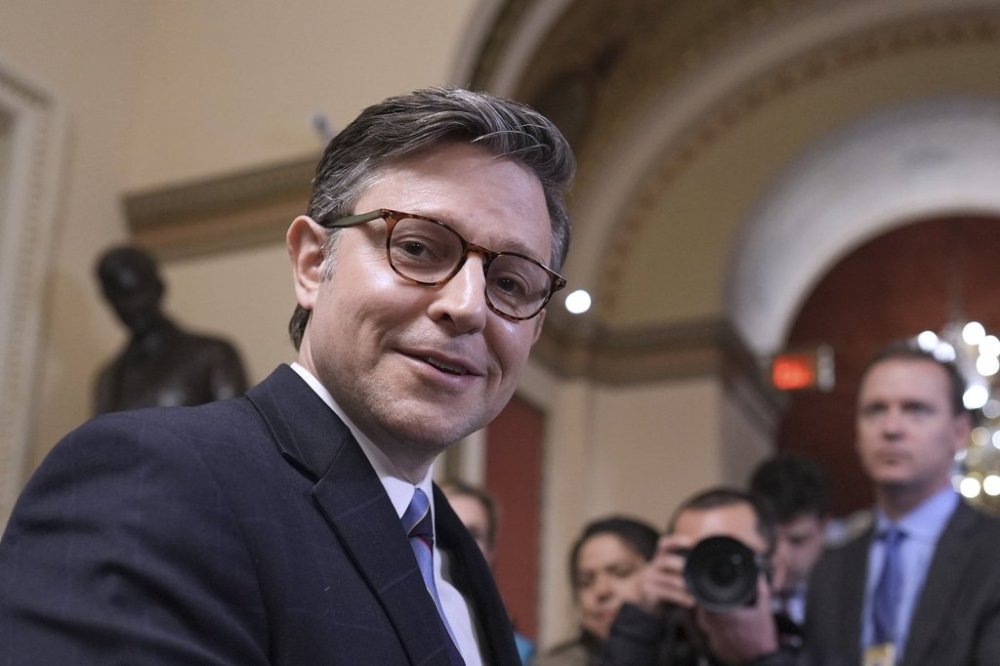 Speaker of the House Mike Johnson, R-La., talks to reporters just after House Republicans narrowly approved their budget framework, at the Capitol in Washington, Thursday, April 10, 2025. (AP Photo/J. Scott Applewhite)