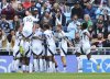 The Vancouver Whitecaps celebrate after a goal by forward Daniel Ríos against Minnesota United during the second half of an MLS soccer match Sunday, April 27, 2025, in St. Paul, Minn. (AP Photo/Adam Bettcher)