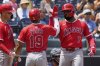 Los Angeles Angels' Jo Adell (7) celebrates his three run home run off Tampa Bay Rays pitcher Mason Englert with Kyren Paris (19) and Logan O'Hoppe during the fifth inning of a baseball game Thursday, April 10, 2025, in Tampa, Fla. (AP Photo/Chris O'Meara)