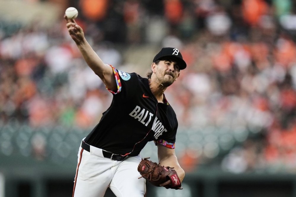 Baltimore Orioles starting pitcher Dean Kremer delivers during the second inning of a baseball game against the Kansas City Royals, Friday, May 2, 2025, in Baltimore. (AP Photo/Stephanie Scarbrough)