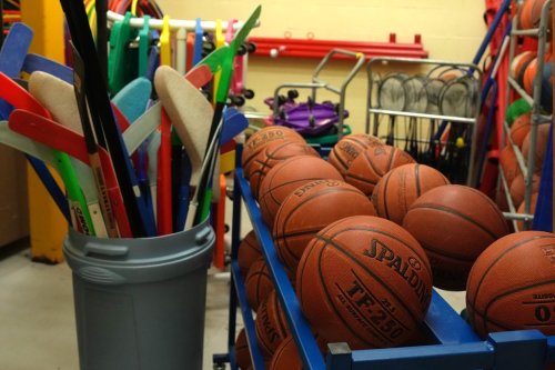 Sports equipment is held in the storage room next to the gym at an elementary school in Toronto on Tuesday, January 9, 2024. THE CANADIAN PRESS/Chris Young