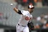 Baltimore Orioles starting pitcher Charlie Morton throws during the first inning of a baseball game against the Cincinnati Reds, Sunday, April 20, 2025, in Baltimore. (AP Photo/Nick Wass)