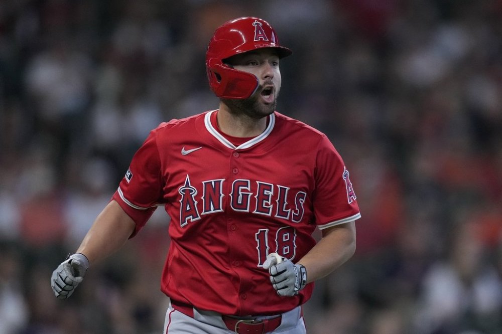 Los Angeles Angels' Nolan Schanuel runs the bases after hitting a solo home run during the second inning of a baseball game against the Houston Astros, Sunday, April 13, 2025, in Houston. (AP Photo/Kevin M. Cox)