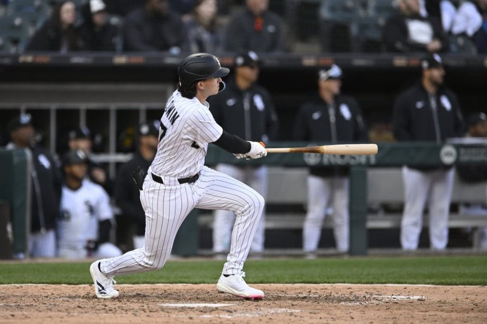 Chicago White Sox's Brooks Baldwin watches his walkoff single to defeat the Boston Red Sox in a baseball game Saturday, April 12, 2025, in Chicago. (AP Photo/Paul Beaty)