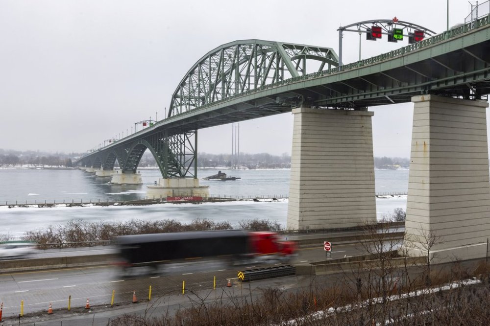 The Peace Bridge connects the United States and Canada, Thursday, Feb. 27, 2025, in Buffalo, N.Y. (AP Photo/Lauren Petracca)