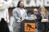 Former San Francisco Giants shortstop Brandon Crawford gets acknowledged before a baseball game between the San Francisco Giants and Texas Rangers Saturday, April 26, 2025, in San Francisco. (AP Photo/Benjamin Fanjoy)