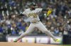 Athletics' Luis Severino pitches during the first inning of a baseball game against the Milwaukee Brewers, Saturday, April 19, 2025, in Milwaukee. (AP Photo/Aaron Gash)