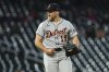 Detroit Tigers relief pitcher Will Vest (19) celebrates a strikeout to end the eighth inning of a baseball game against the Minnesota Twins, Friday, April 11, 2025, in Minneapolis. (AP Photo/Matt Krohn)
