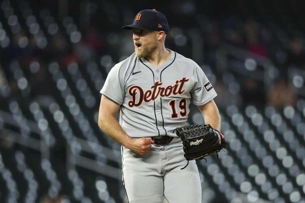 Detroit Tigers relief pitcher Will Vest (19) celebrates a strikeout to end the eighth inning of a baseball game against the Minnesota Twins, Friday, April 11, 2025, in Minneapolis. (AP Photo/Matt Krohn)