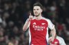 Arsenal's Declan Rice celebrates after scoring his side's second goal during the Champions League quarterfinal first leg soccer match between Arsenal and Real Madrid at the Emirates Stadium in London, Tuesday, April 8, 2025. (AP Photo/Frank Augstein)