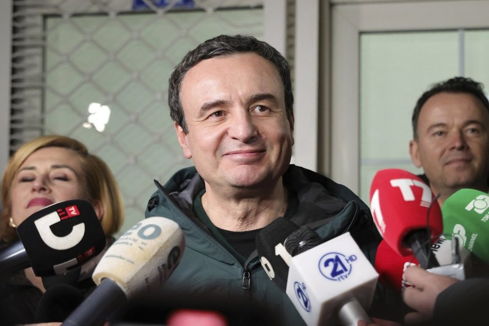 FILE - Albin Kurti, president of the left-wing Vetevendosje! party, makes statements following results of a parliamentary election, in Pristina, Kosovo, Sunday, Feb. 9, 2025. (AP Photo/Vlasov Sulaj, File)