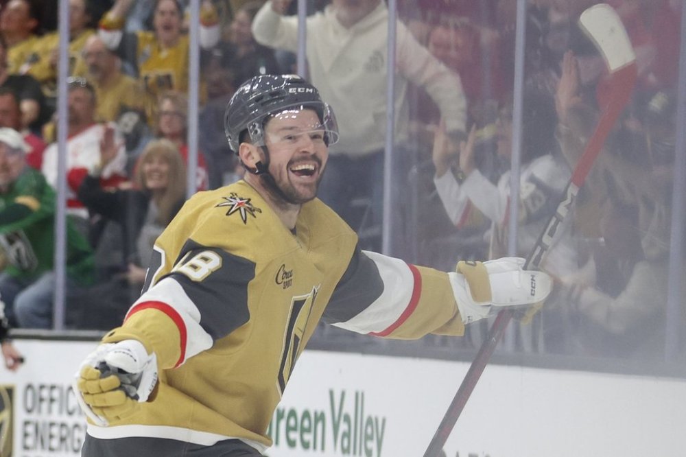 Vegas Golden Knights center Tomas Hertl (48) celebrates after scoring during the second period of an NHL hockey game against the Detroit Red Wings, Saturday, March 22, 2025, in Las Vegas. (AP Photo/Ian Maule)