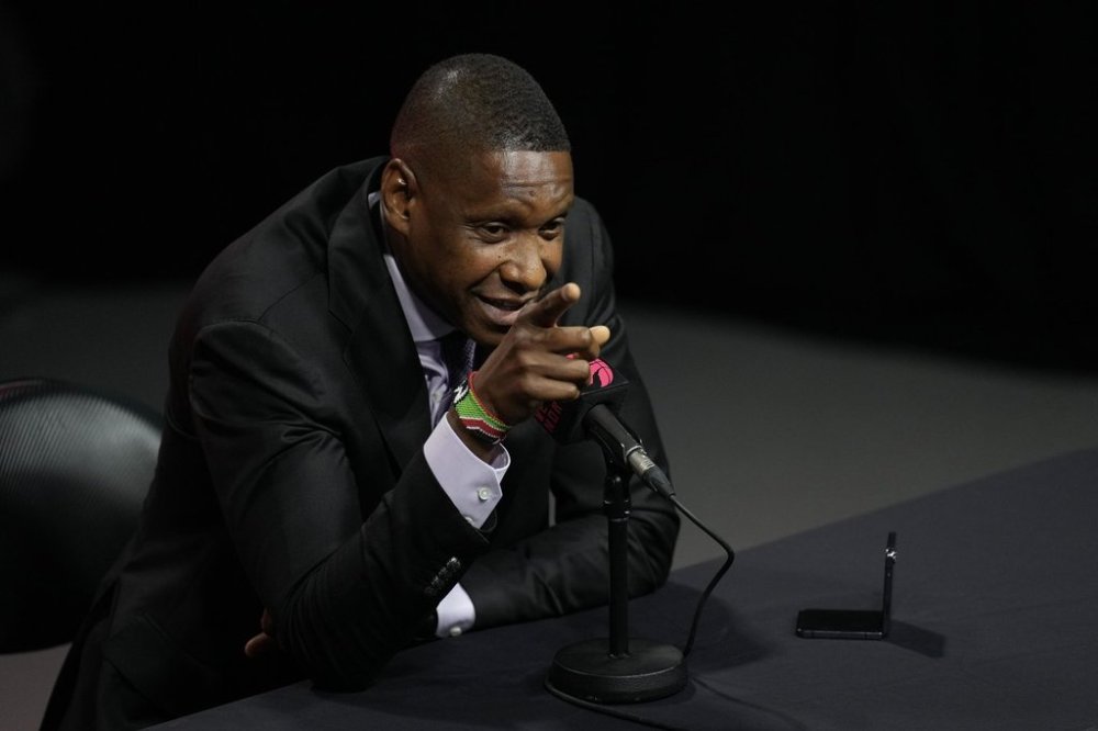 Toronto Raptors President Masai Ujiri speaks to the media in Toronto on Monday, Sept. 30, 2024. THE CANADIAN PRESS/Chris Young
