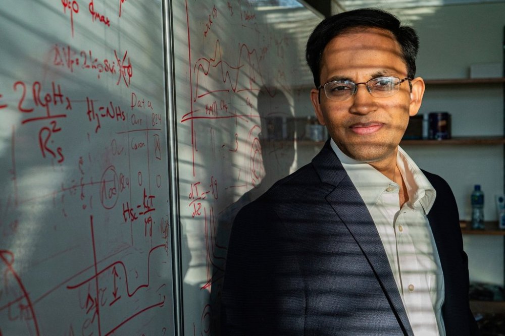 Astrophysicist Nikku Madhusudhan poses for a photo at the Institute of Astronomy at the University of Cambridge, England, April 2025. (Atlantic Studios via AP)