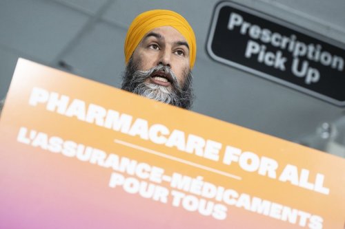 NDP Leader Jagmeet Singh makes a pharmacare announcement during a campaign event in Vancouver, Wednesday, April 9, 2025. THE CANADIAN PRESS/Christopher Katsarov