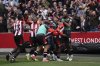 Brentford's Yoane Wissa, second right, celebrates scoring their side's fourth goal of the game during the English Premier League soccer match between Brentford and Manchester United at the Gtech Community Stadium, London, Sunday, May 4, 2025. (John Walton/PA via AP)