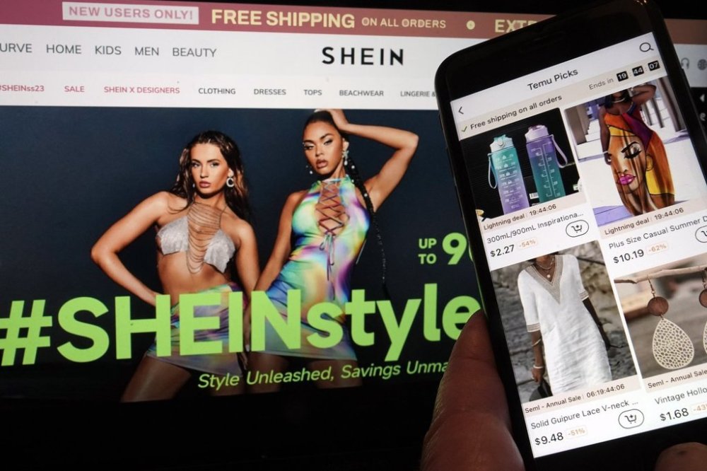 FILE - Pages from the Shein website, left, and from the Temu site, right, are shown in this photo, in New York, June 23, 2023. (AP Photo/Richard Drew, FIle)