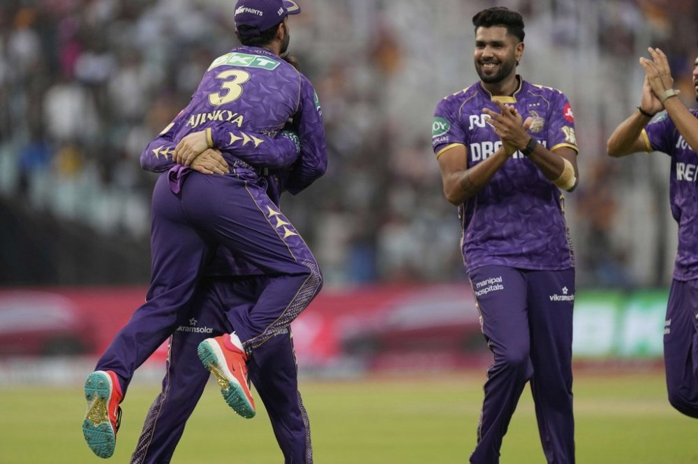 Kolkata Knight Riders' captain Ajinkya Rahane (3) celebrates with teammates after taking the catch to dismiss Rajasthan Royals' Vaibhav Suryavanshi during the Indian Premier League cricket match between Kolkata Knight Riders and Rajashtan Royals at Eden Gardens in Kolkata, India, Sunday, May 4, 2025. (AP Photo/Bikas Das)
