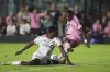 A scoring attempt by Inter Miami forward Allen Obando is blocked by Toronto FC defender Nicksoen Gomis (15) during the second half of an MLS soccer match, Sunday, April 6, 2025, in Fort Lauderdale, Fla. (AP Photo/Rebecca Blackwell)