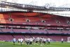 Real Madrid players during a training session at the Emirates Stadium, in London, Monday April 7, 2025, a day ahead of the 1st leg Champions League soccer match against Arsenal on Tuesday. (Bradley Collyer/PA via AP)