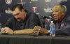 FILE - Former Minnesota Twins' Kent Hrbek, left, listens as former Twins' Tony Oliva recalles memories of his teamamte, Twins Hall of Fame baseball player Harmon Killebrew during a news conference at Target Field on May 17, 2011 in Minneapolis. (AP Photo/Jim Mone, File)