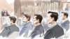 Justice Maria Carroccia, left to right, Michael McLeod, Carter Hart, Alex Formenton, Dillon Dube and Callan Foote are shown in court in this courtroom sketch made in London, Ont., on Tuesday, April 22, 2025. THE CANADIAN PRESS/Alexandra Newbould