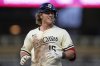Minnesota Twins' Luke Keaschall (15) reacts after hitting a single during the fifth of a baseball game against the Chicago White Sox, Tuesday, April 22, 2025, in Minneapolis. (AP Photo/Abbie Parr)