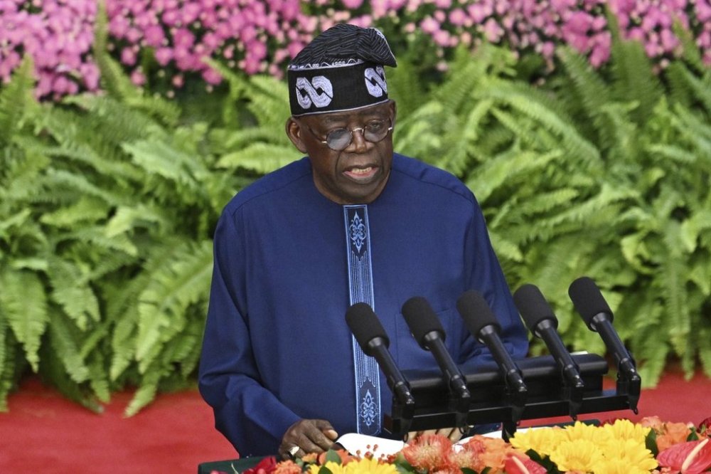 FILE - Nigeria's President Bola Ahmed Tinubu speaks at the opening ceremony of the Forum on China-Africa Cooperation (FOCAC) at the Great Hall of the People in Beijing, Thursday, Sept. 5, 2024. (Greg Baker/Pool Photo via AP, File)