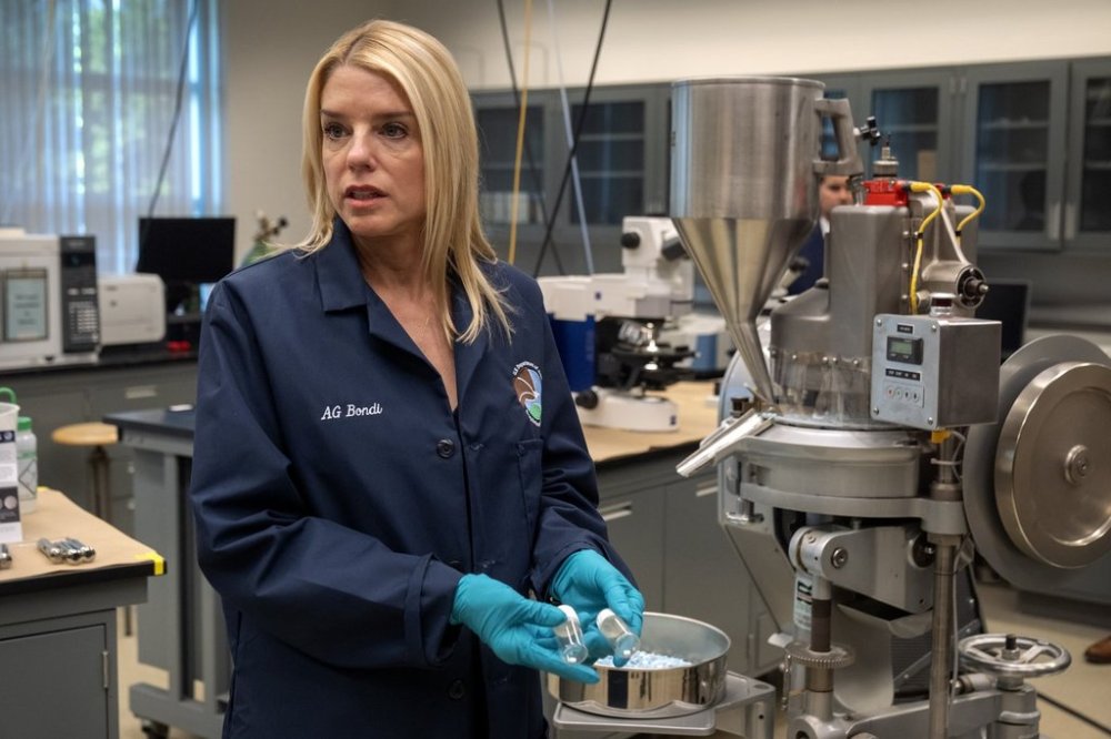 Attorney General Pam Bondi holds vials containing a genuine oxycodone pill and a counterfeit one at a Drug Enforcement Administration (DEA) research laboratory on Tuesday, April 29, 2025, in Northern Virginia. (AP Photo/Mark Schiefelbein)