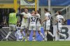 Inter Milan's Marko Arnautovic, second left, celebrates with his teammates after scoring his side's opening goal during the Serie A soccer match between Inter Milan and Cagliari at the San Siro Stadium, in Milan, Italy, Saturday, April 12, 2025. (AP Photo/Antonio Calanni)