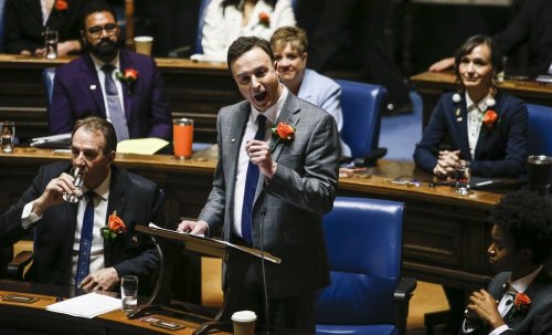 Manitoba Finance Minister Adrien Sala presents the provincial budget in the Manitoba Legislature in Winnipeg, Thursday, March 20, 2025. Tempers flared at the Manitoba legislature as the Opposition Progressive Conservatives questioned the NDP government about a government contract. THE CANADIAN PRESS/John Woods