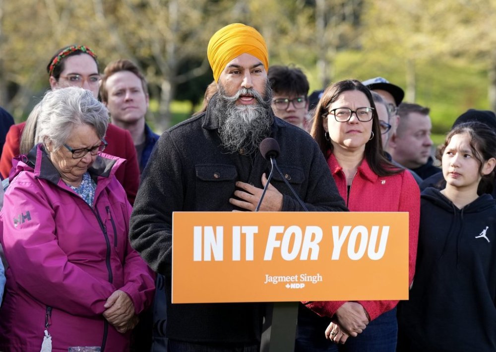 NDP Leader Jagmeet Singh makes an announcement during the federal election campaign in Nanaimo, B.C., on Monday, April 21, 2025. THE CANADIAN PRESS/Nathan Denette
