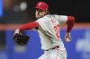 Philadelphia Phillies' Aaron Nola pitches during the second inning of a baseball game against the New York Mets Monday, April 21, 2025, in New York. (AP Photo/Frank Franklin II)