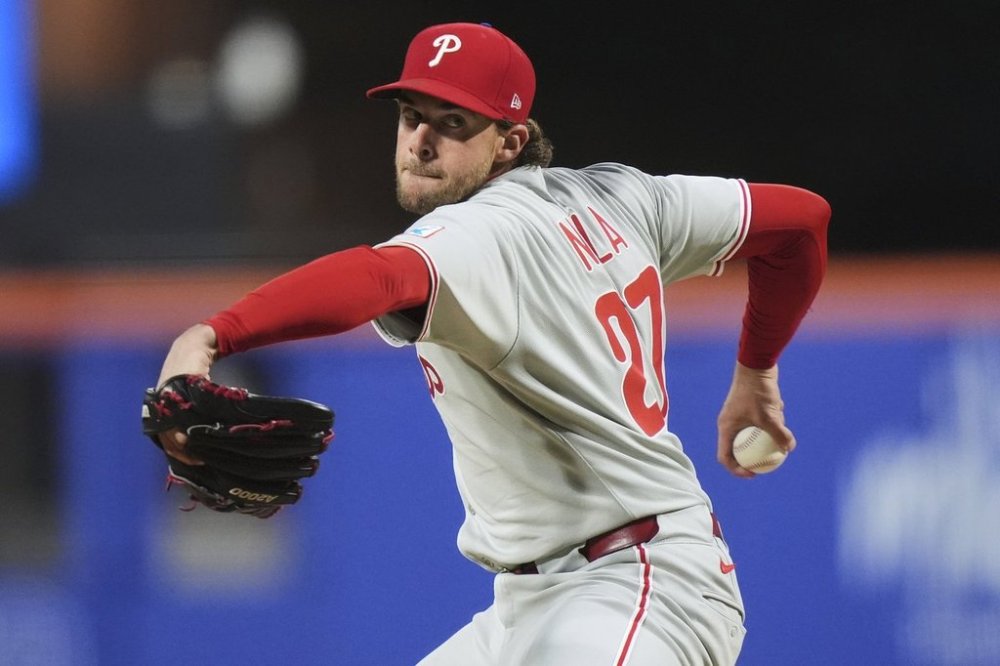 Philadelphia Phillies' Aaron Nola pitches during the second inning of a baseball game against the New York Mets Monday, April 21, 2025, in New York. (AP Photo/Frank Franklin II)