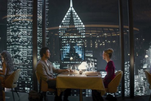 This image released by Universal Pictures shows Brandon Sklenar, left, and Meghann Fahy in a scene from 