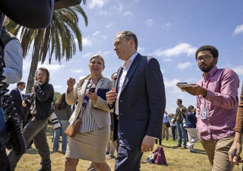 Environmental Protection Agency (EPA) Administrator Lee Zeldin, center, speaks to media while leaving a press conference Tuesday, April 22, 2025, in San Diego. (Ana Ramirez/The San Diego Union-Tribune via AP)